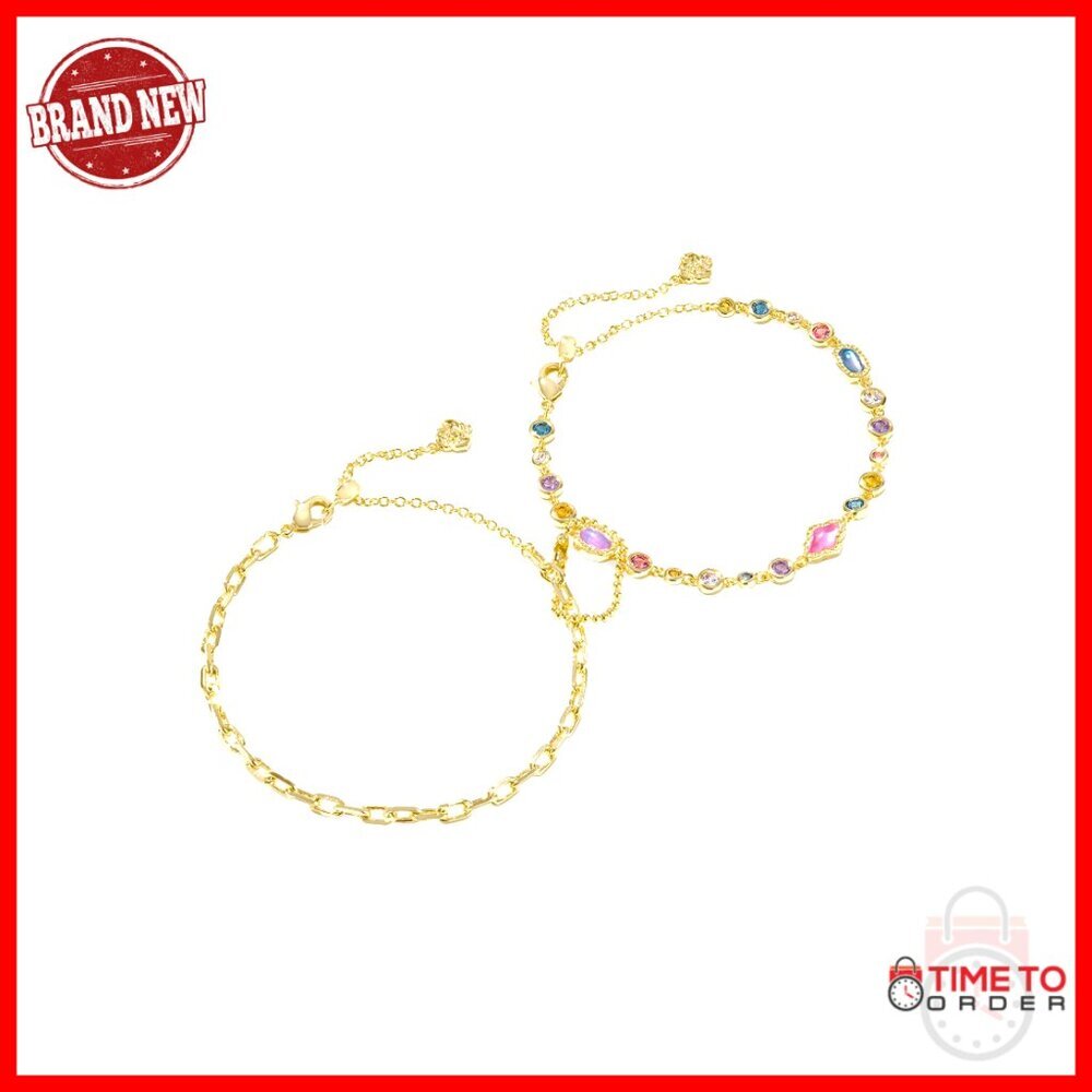 Gold-Plated Brass Delicate Chain Bracelets Set, Multi Mix Stones, 8"